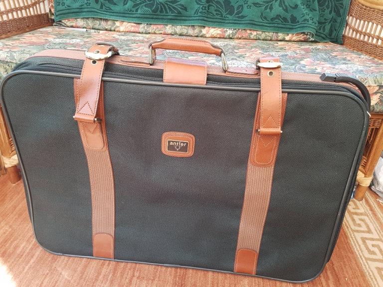 Antler  Large Green Canvas Suitcase with Tan Leather, Wheels & Pull-Along Handle Excellent Condition