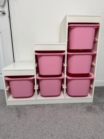 IKEA TROFAST Storage Unit with Pink Bins – Good Condition