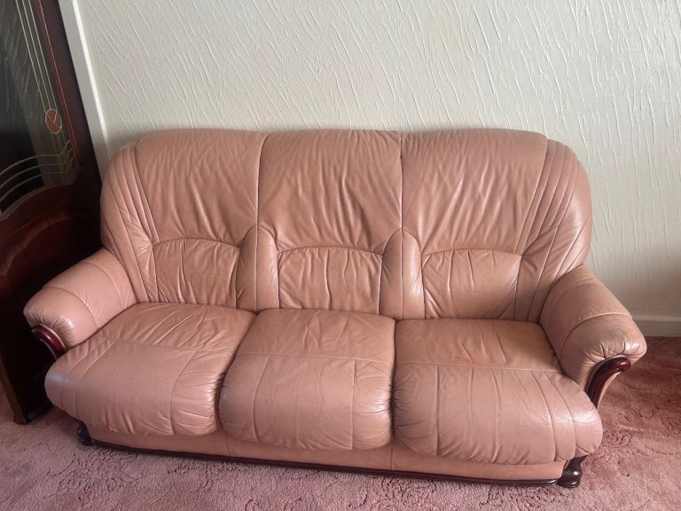 Pink Leather Three-Seater Sofa – Fair Condition