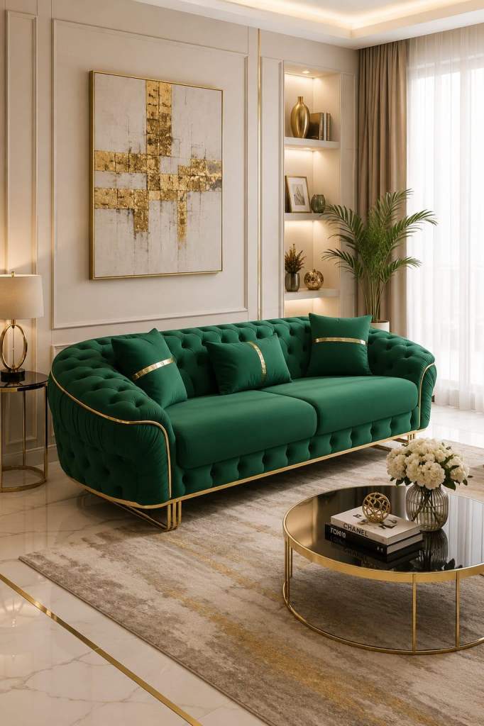 Ambassador 3-Seater Sofa – Emerald Green Velvet with Gold Legs & Detailing | Modern Luxury Sofa