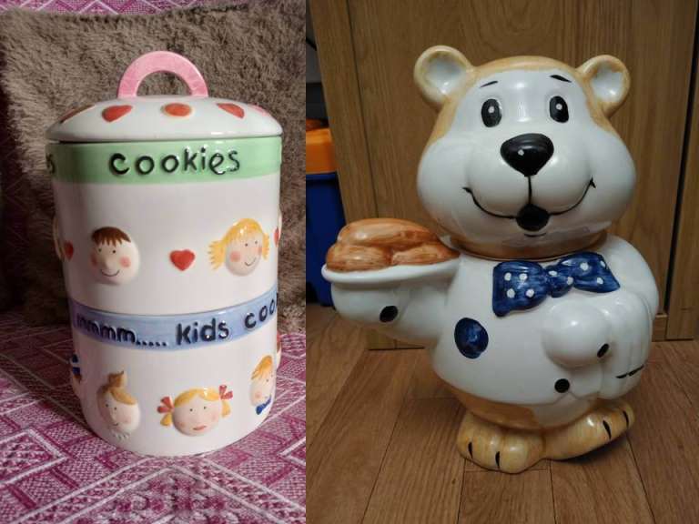 Clearance! Ceramic 2 Tiers and Teddy Waiter Cookie Jars Barrels in very good condition
