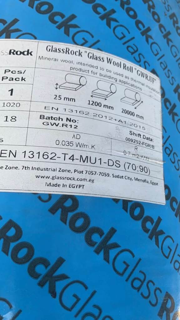 Glass Rock "Glass wool Roll" Cavity Wall Insulation GWRUF  25mm x 1200 x 20m