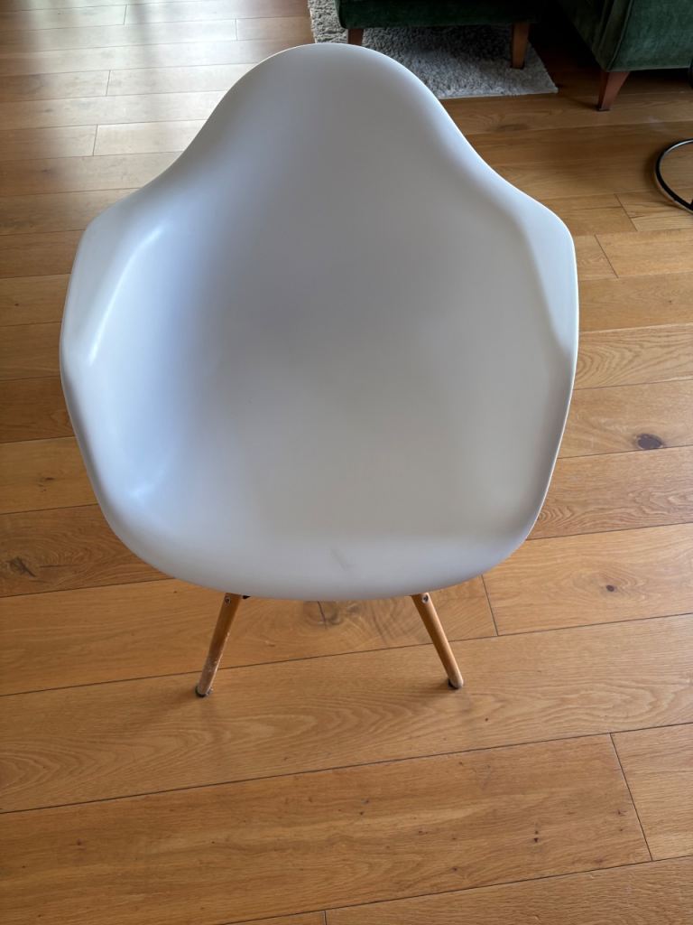 Four White Dining Chairs with Wooden Legs – Fair Condition
