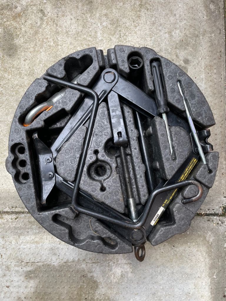 Spare tyre with toolkit