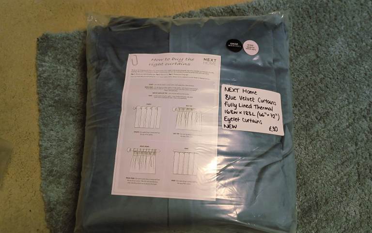 NEXT Blue Velvet Fully Lined Thermal Eyelet Curtains 168Wx183L (each panel). New & Unused.