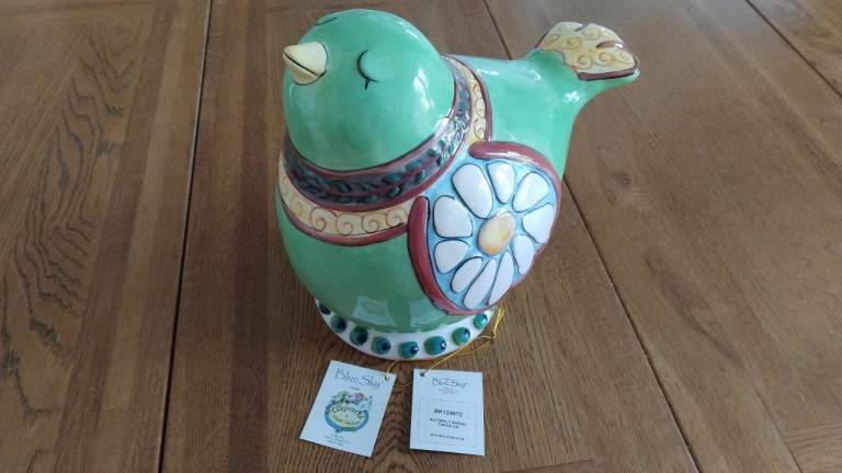 Blue Sky Clayworks Ontario CA- Heather Goldminc cookie jar green bird