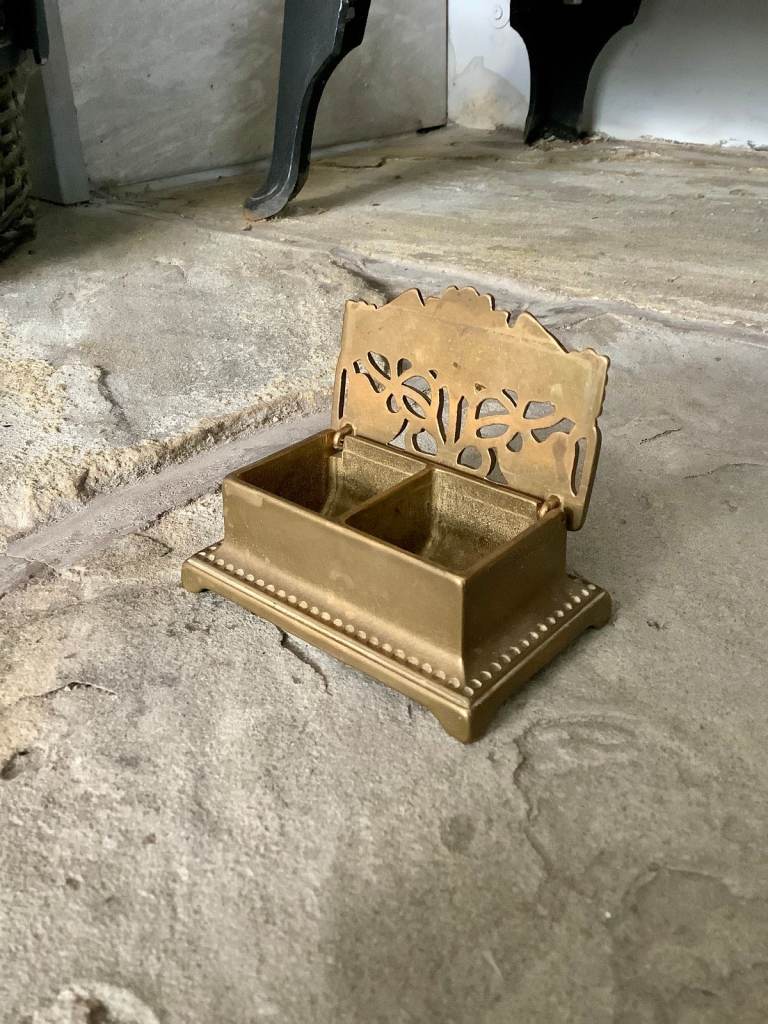 Vintage Solid Brass Floral Incense Holder / Vesta Box – Art Nouveau Style