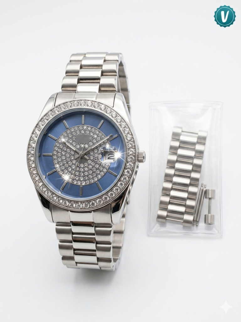 New Bling Style Watch – Diamond Bezel & Iced Blue Dial
