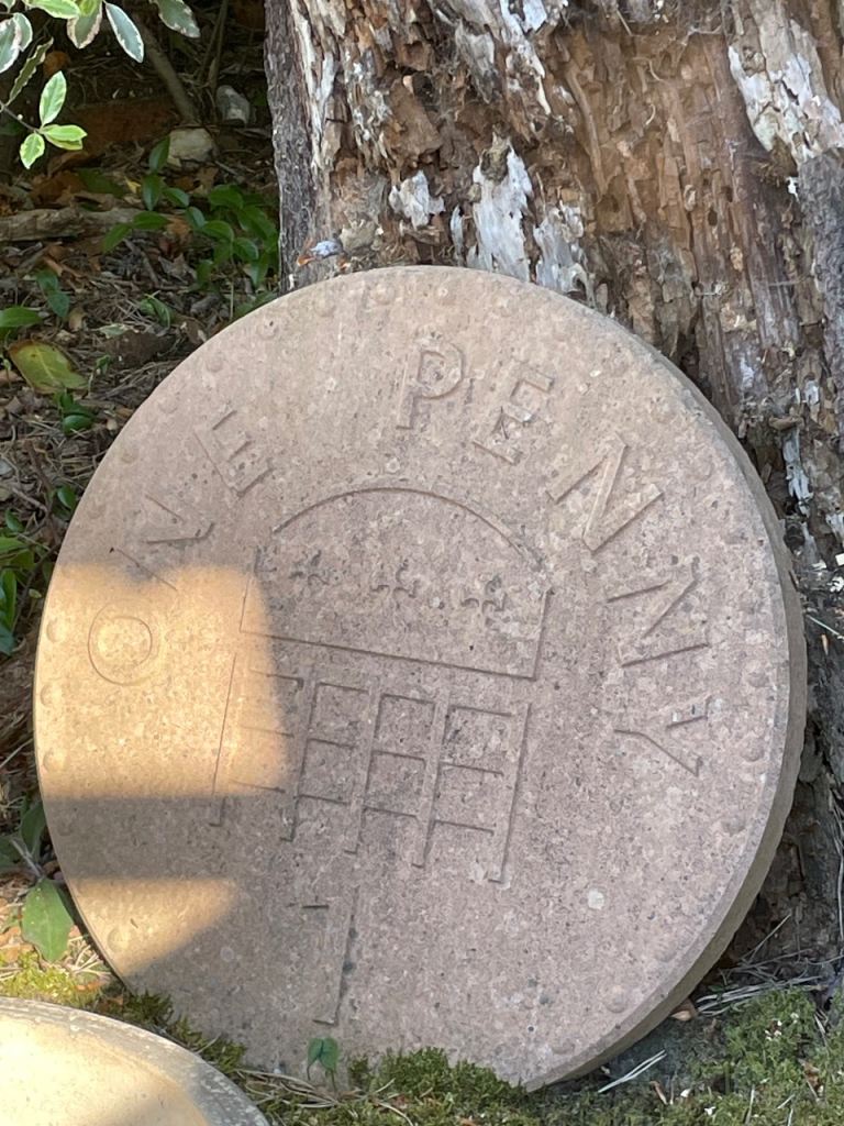 Large Stone Garden Ornament - Old Penny Design, Good Condition