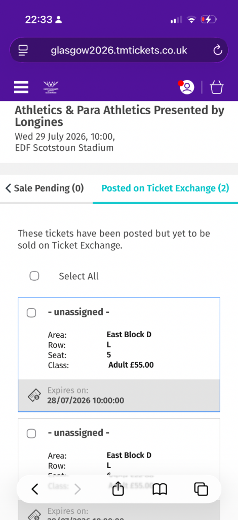 Athletics tickets x 2 wed 29th July @10am