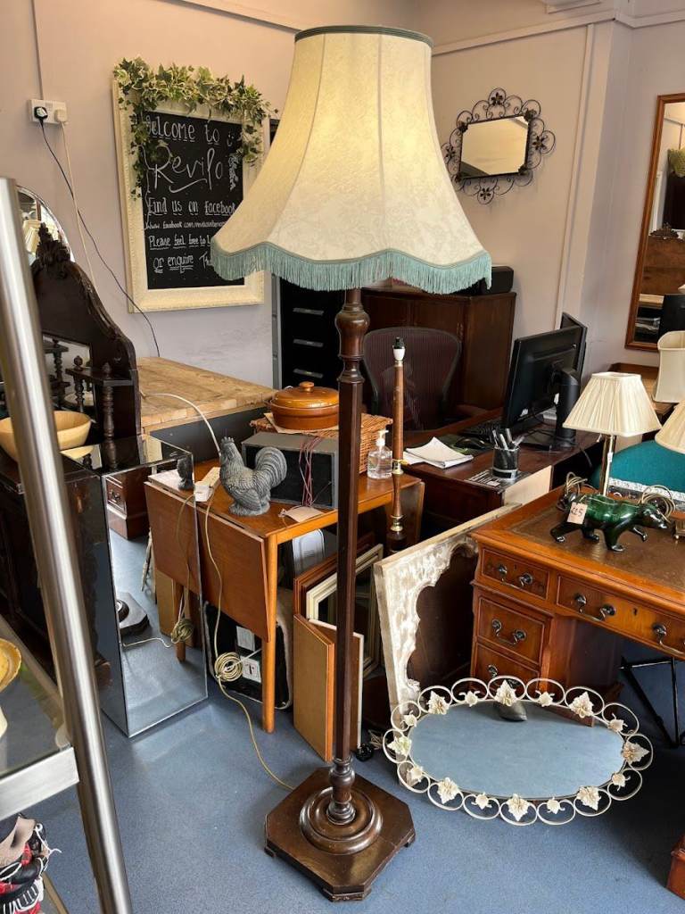  Vintage Dark Oak Standard Floor Lamp with Large Fringed Shade