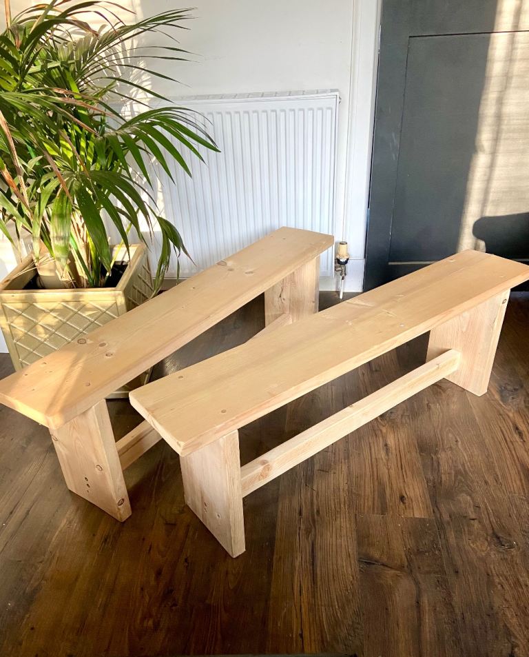 Pair of thick scaffold board dining benches 