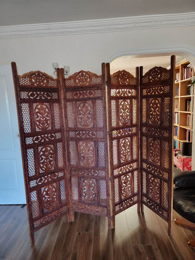 Carved Wooden Room Divider Screen – Good Condition