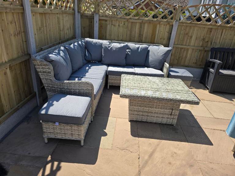 Garden Rattan Corner Sofa Set with Table and Cushions