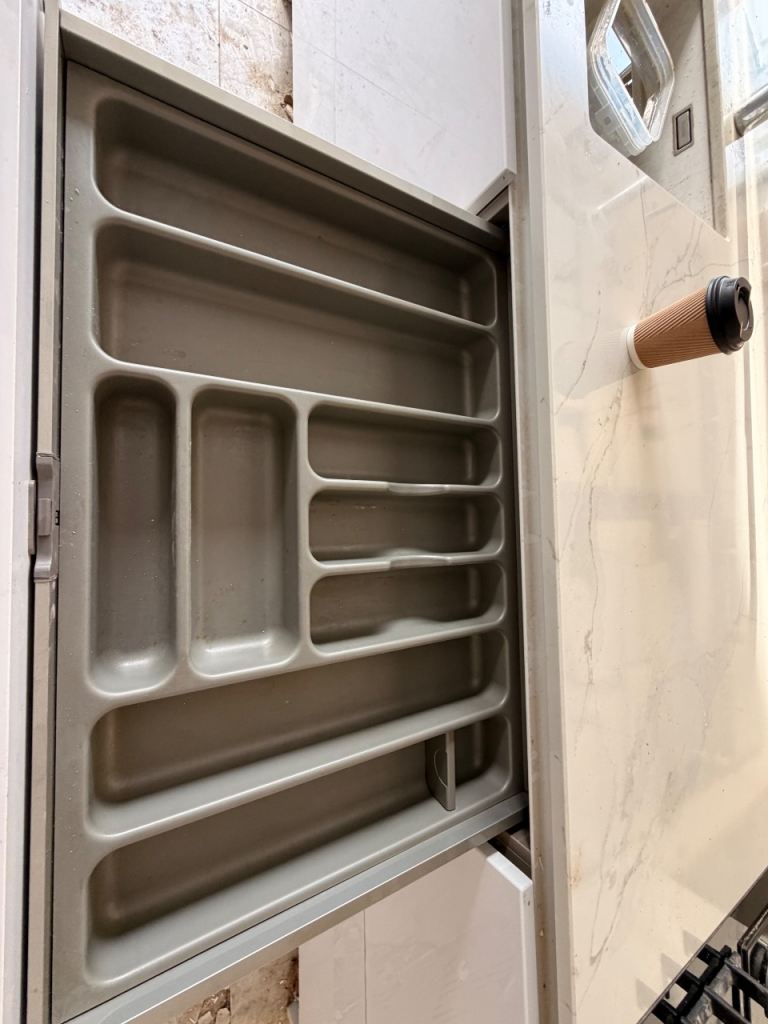 Used Large Gloss White Handleless Kitchen with Quartz Island | in ...