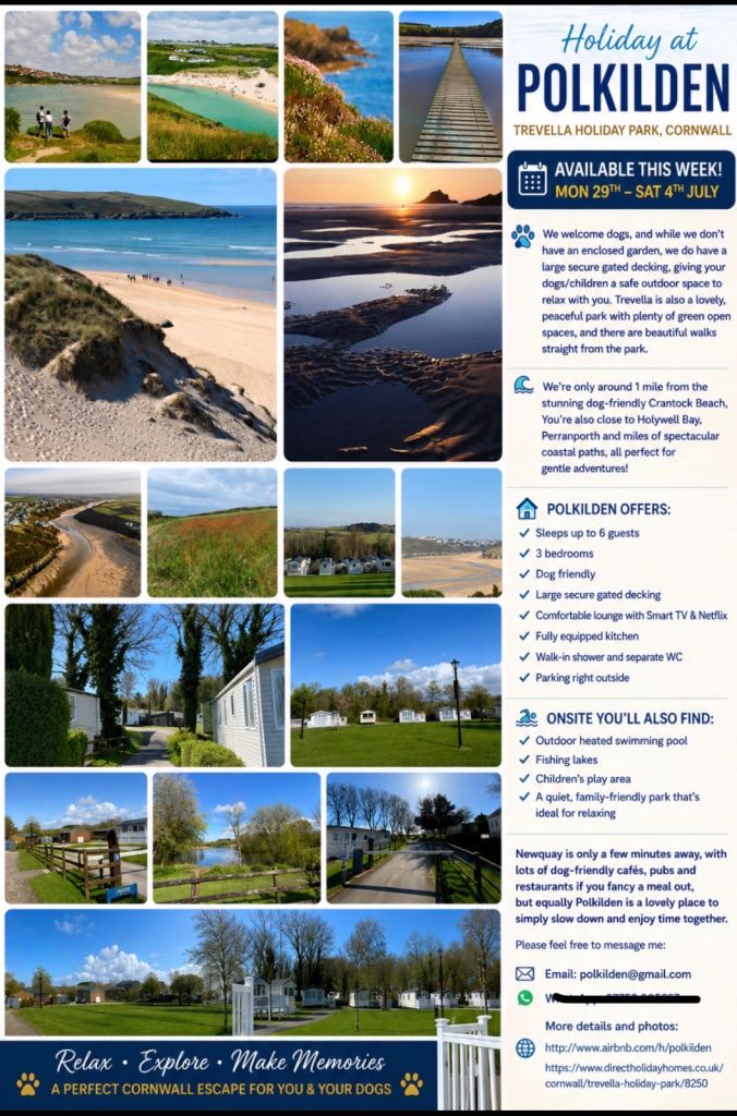 1-5th August availability @Crantock, Newquay