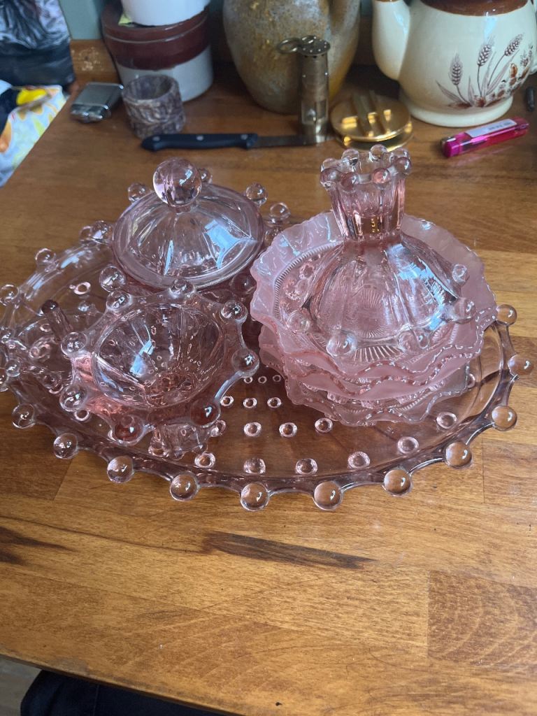 Lovely Pink Glass Dressing Table Set – Good Condition