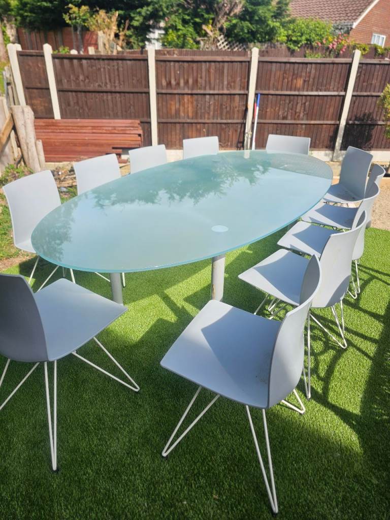 Large Oval Glass Outdoor Table with 10 Chairs
