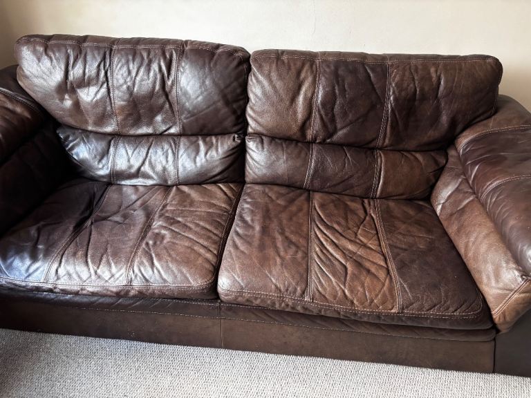 Three Seater Brown Leather Sofa – Fair Condition