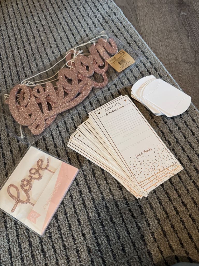New Rose Gold Wedding Decorations Bundle - Cake Topper, Chair Signs, Advice Cards