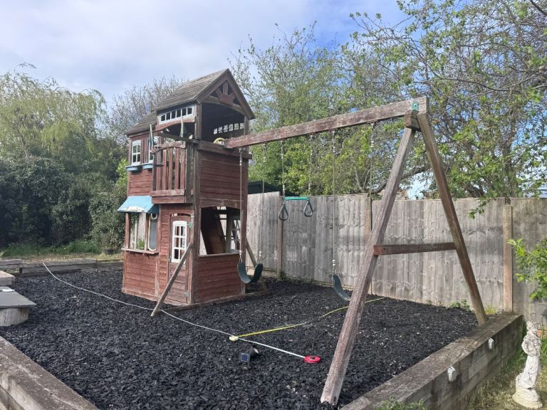 Play house, swing, climbing wall
