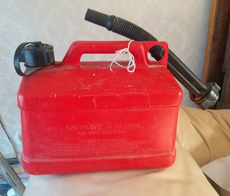 Red Plastic Fuel Can with Spout – Good Condition