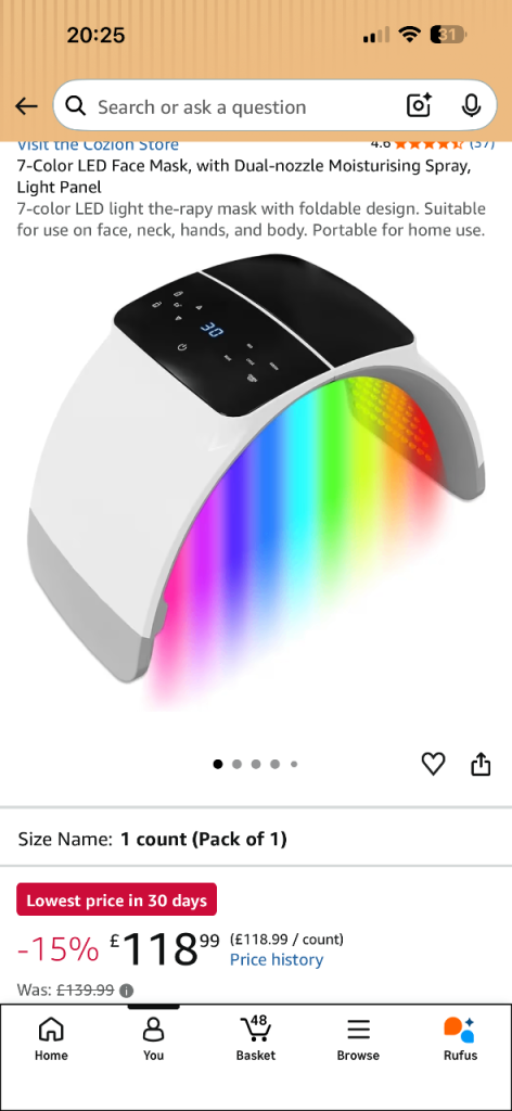 7 Colour LED Light Therapy Face Mask – Like New RRP £118