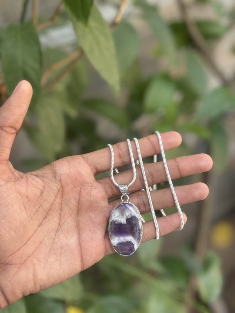 African Amethyst Oval Natural Stone Pendant with Chain – Healing Crystal Necklace for Meditation