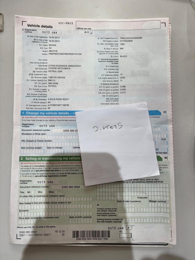 2013 Skoda Citigo 1.0 MPI 75 GreenTech Elegance 3dr HATCHBACK PETROL Manual