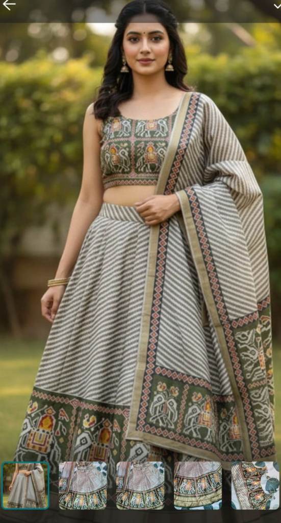 Indian Lehenga Choli Set – Grey & Green Elephant Print, Size 12