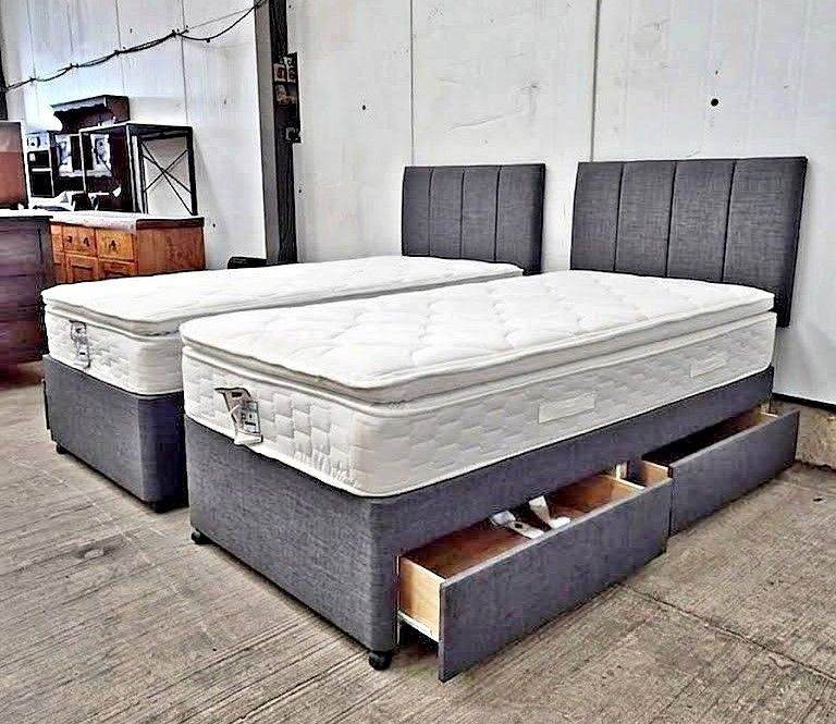 🚚2X Single Size Divan Bed –Storage Drawers +Headboard +Orthopedic Memory Mattress ✨Colors Available