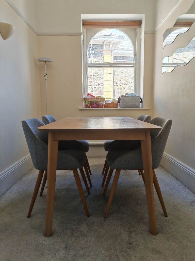 Modern Wooden Dining Table with Four Grey Chairs – Good Condition
