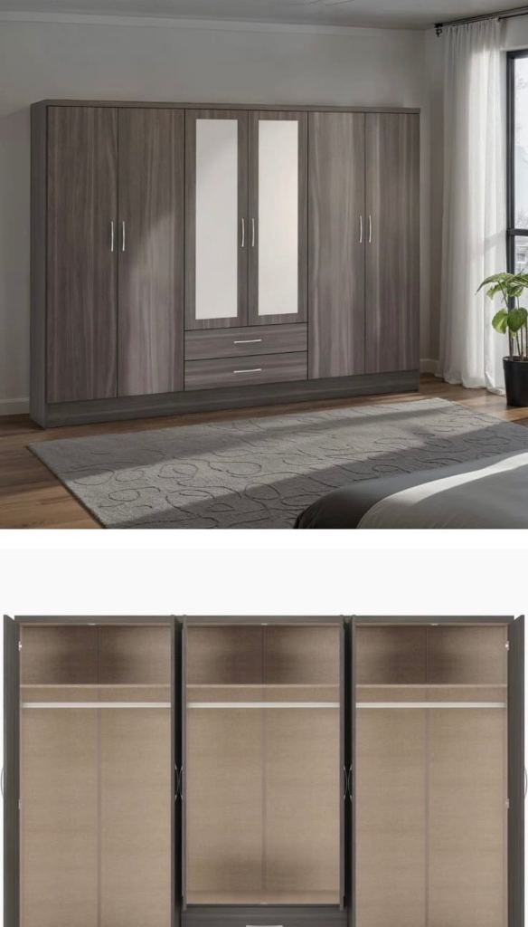 New Grey Wooden Wardrobe with Mirrored Doors and Storage