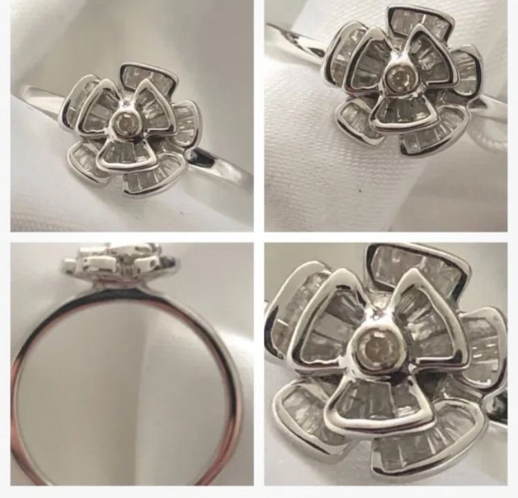 Diamond baguette flower ring Size M N sterling silver 925 platinum overlay New 