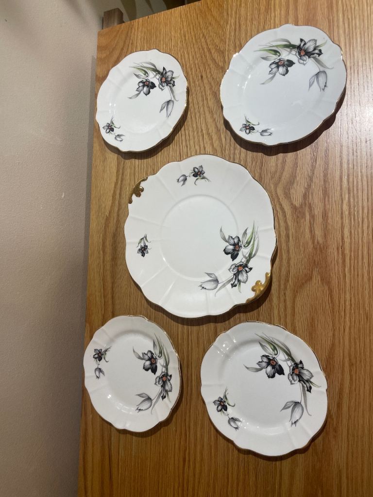 Vintage Windsor bone china Floral Plates - Set of 5, White with Gold Trim