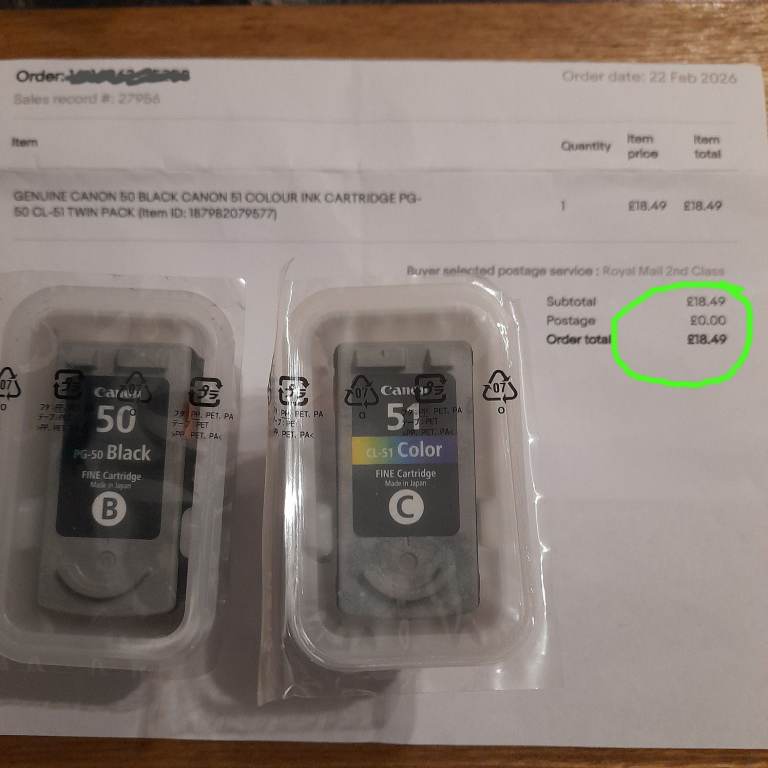 Canon printer cartridges, PG-50 black & CL-51 colour: 1 of each, new / unused.  £5 for both.