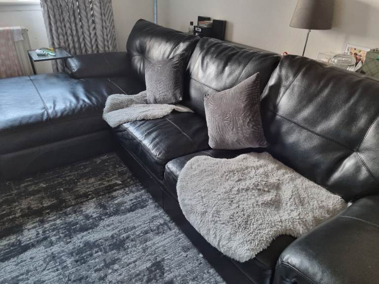 Black Corner Leather Sofa - Fair Condition