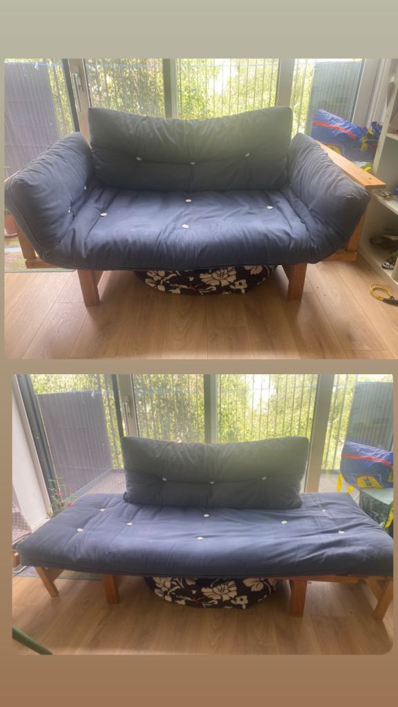 Blue Futon Sofa Bed - Easily Converts to Bed