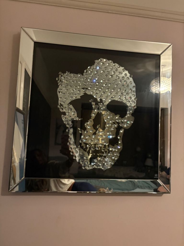 Big mirror framed skull wall art picture diamonds pretty black silver 70”x70”