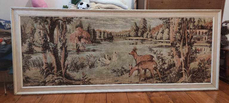 Vintage 1960s Large Framed Tapestry 6ft Panoramic Deer Chateau Swan Picture 71"