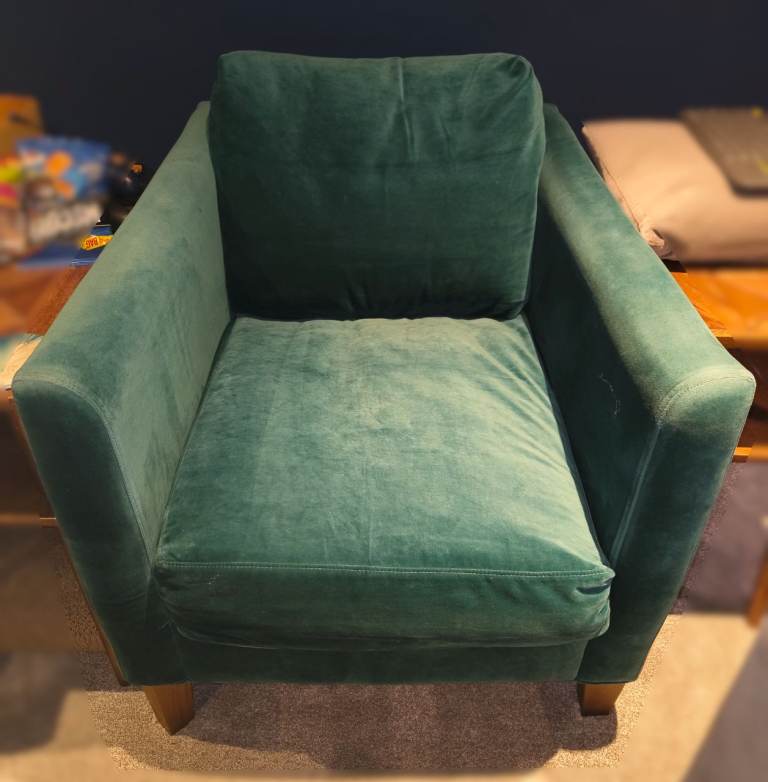 PRICE DROPPED! Two (2) Izzy Small Armchairs with Smart Velvet fabric and English Oak legs