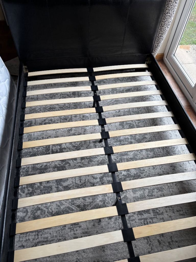 Double Bed Frame with Slats – Black Leather, Good Condition