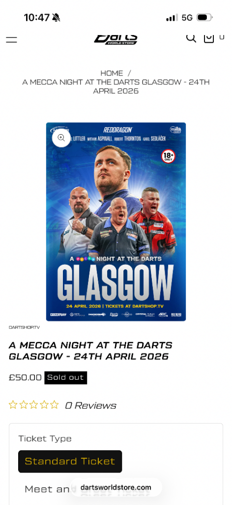 2 standard tickets for a night at the darts Glasgow 