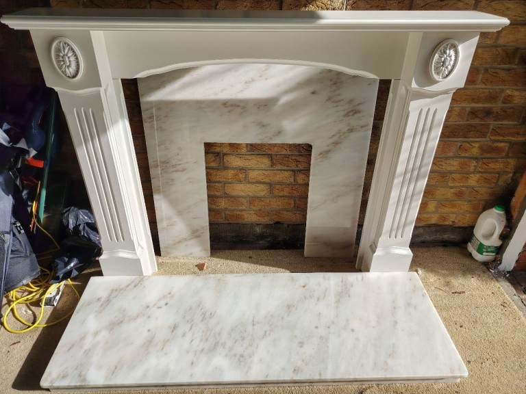 White Fireplace Surround with Marble Inlay and Hearth – As Good As New