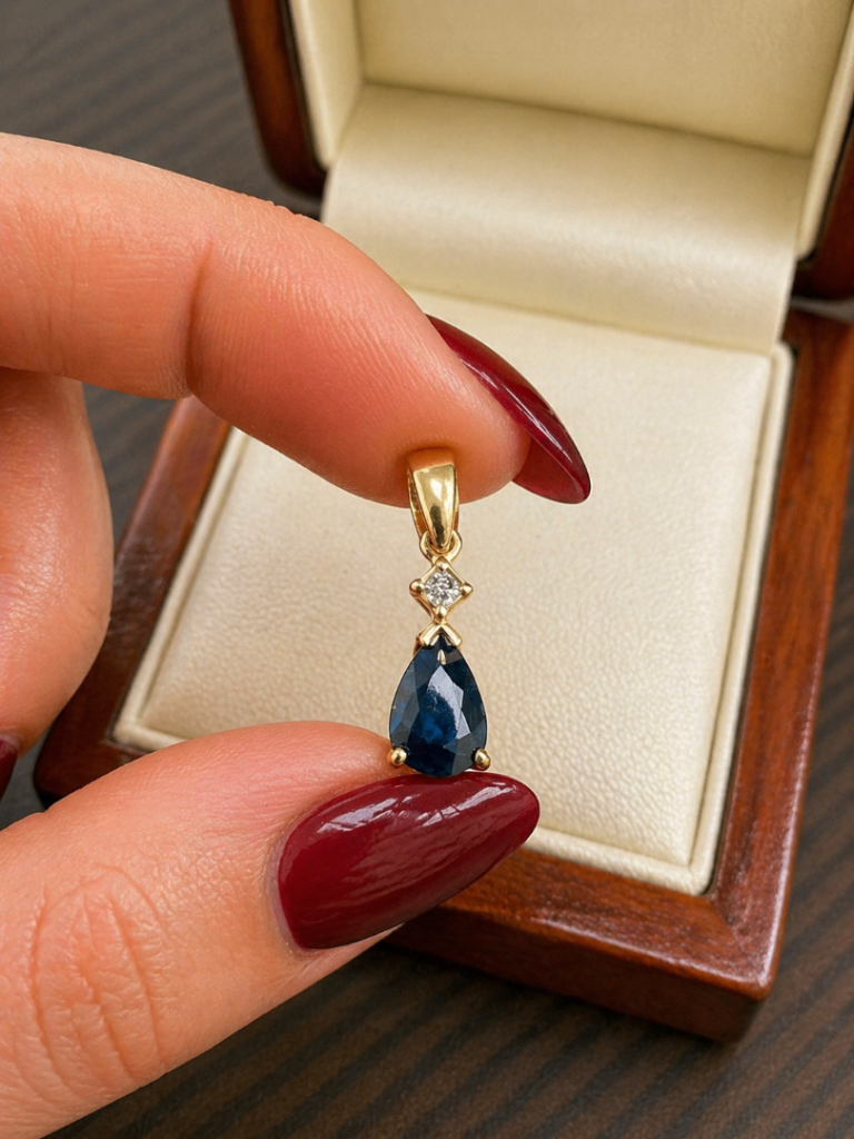 Fine 9ct Gold Pear Drop Sapphire Vintage Pendant 