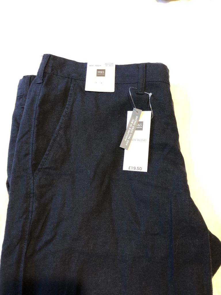 Men Linen Navy Trousers Size 3XL
