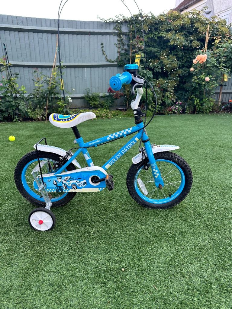 Kids 'Police Patrol' Bike with Stabilisers – Blue, Good Condition