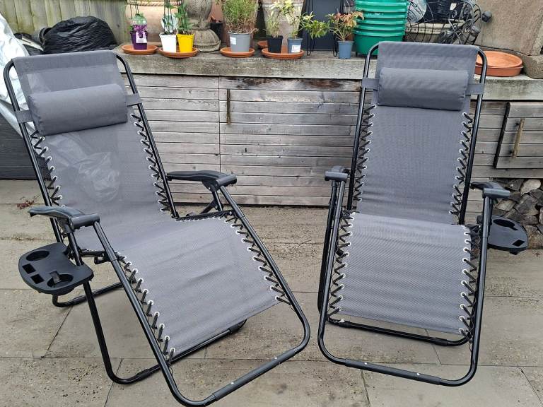 NOW SOLD 2 x Gravity recliner garden chairs each with drink holders