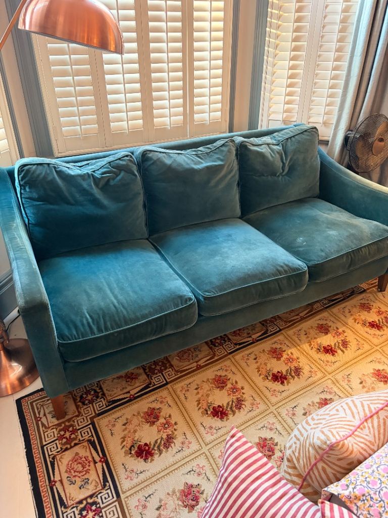 Teal velvet 3 seater sofa - good condition 
