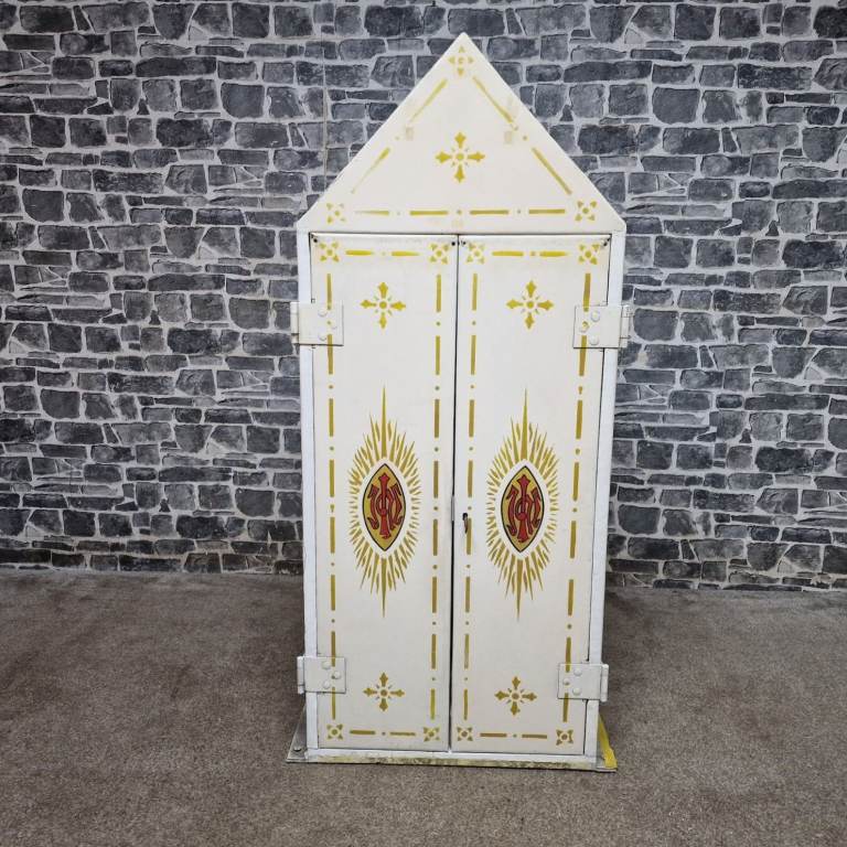 Vintage Painted Metal Devotional Cabinet with Decorative Detailing